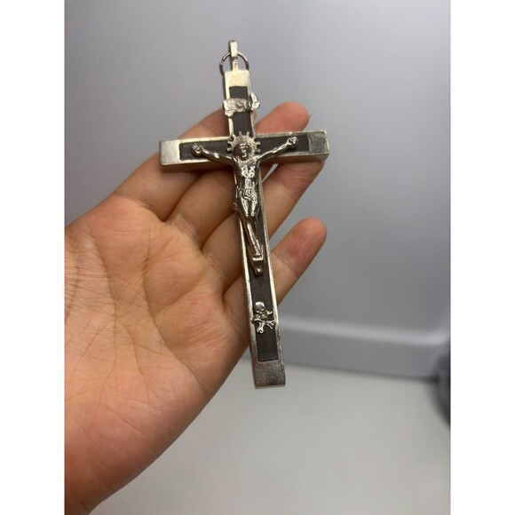 VTG MEMENTO MORI PECTORAL CRUCIFIX 5" EUROPEAN PENDANT CROSS SKULL BONE WOOD - Picture 3 of 9